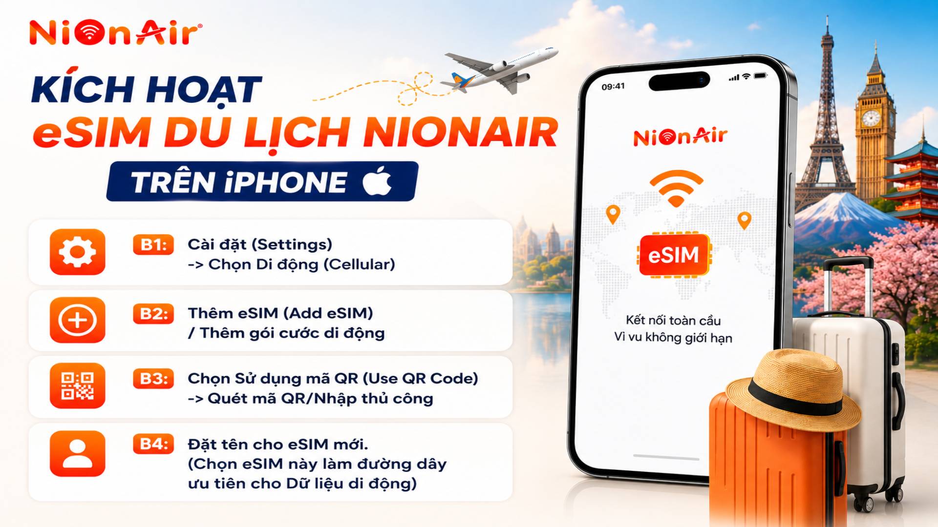 4 bước đơn giản kích hoạt eSIM du lịch NIONAIR trên Iphone