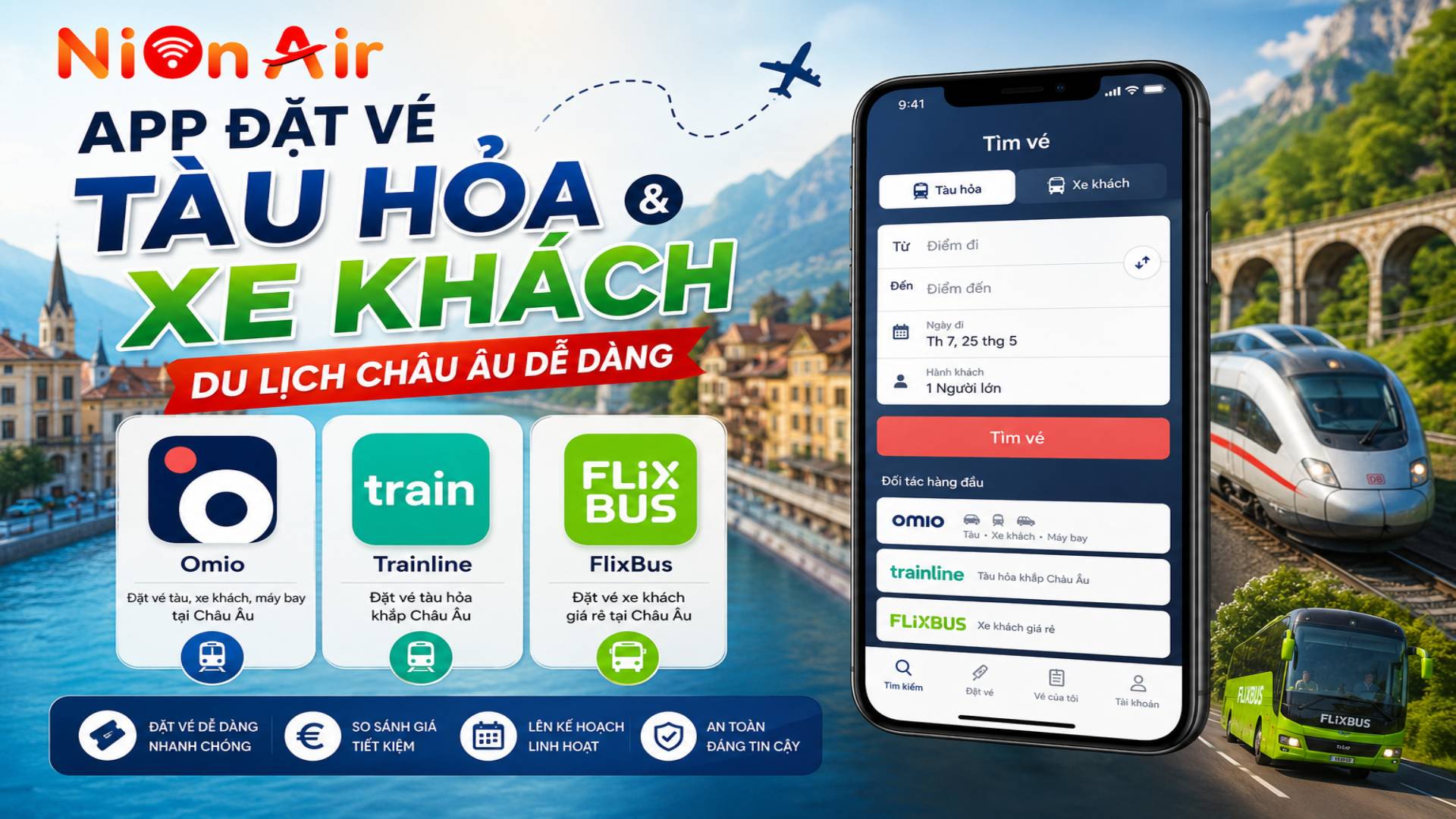 App đặt vé tàu hỏa, xe khách hỗ trợ di chuyển liên quốc gia/thành phố tiết kiệm chi phí